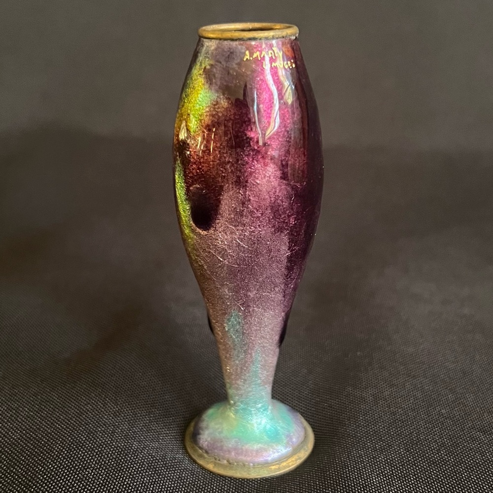 Alexandre Marty Limoges Antique Enamel Bronze Miniature Vase France